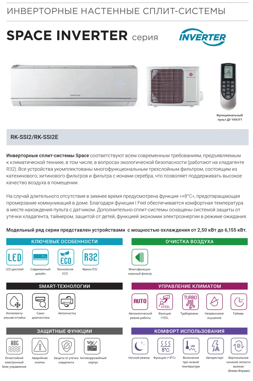 Кондиционеры dantex space 2 inverter rk-18ssi2/rk-18ssi2e 